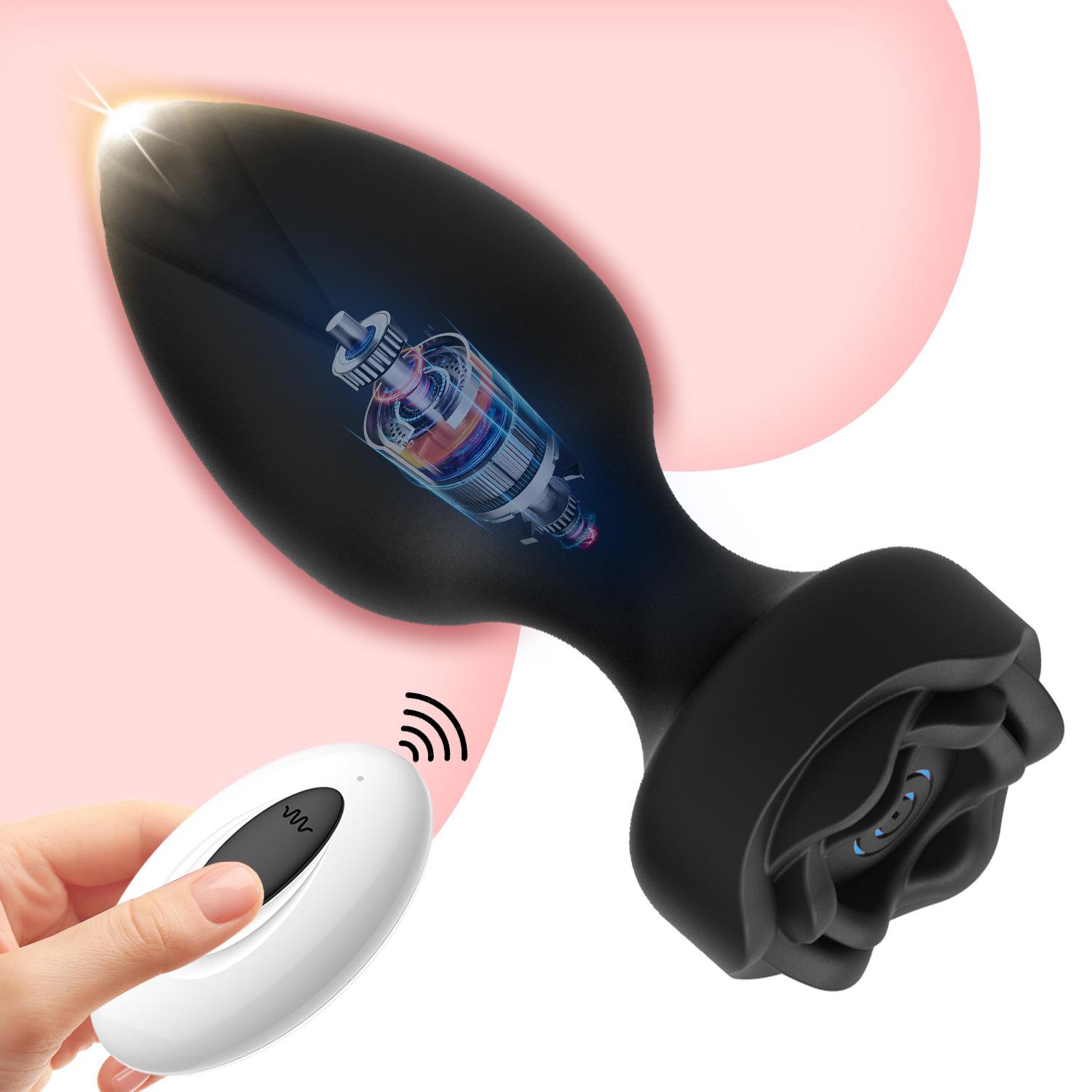 Vibrating Red Rose Anal Plug Remote Control Anal Toy With 10 Modes &amp; Rose Base Waterproof Silicone Rose Adult Toys &amp; Games