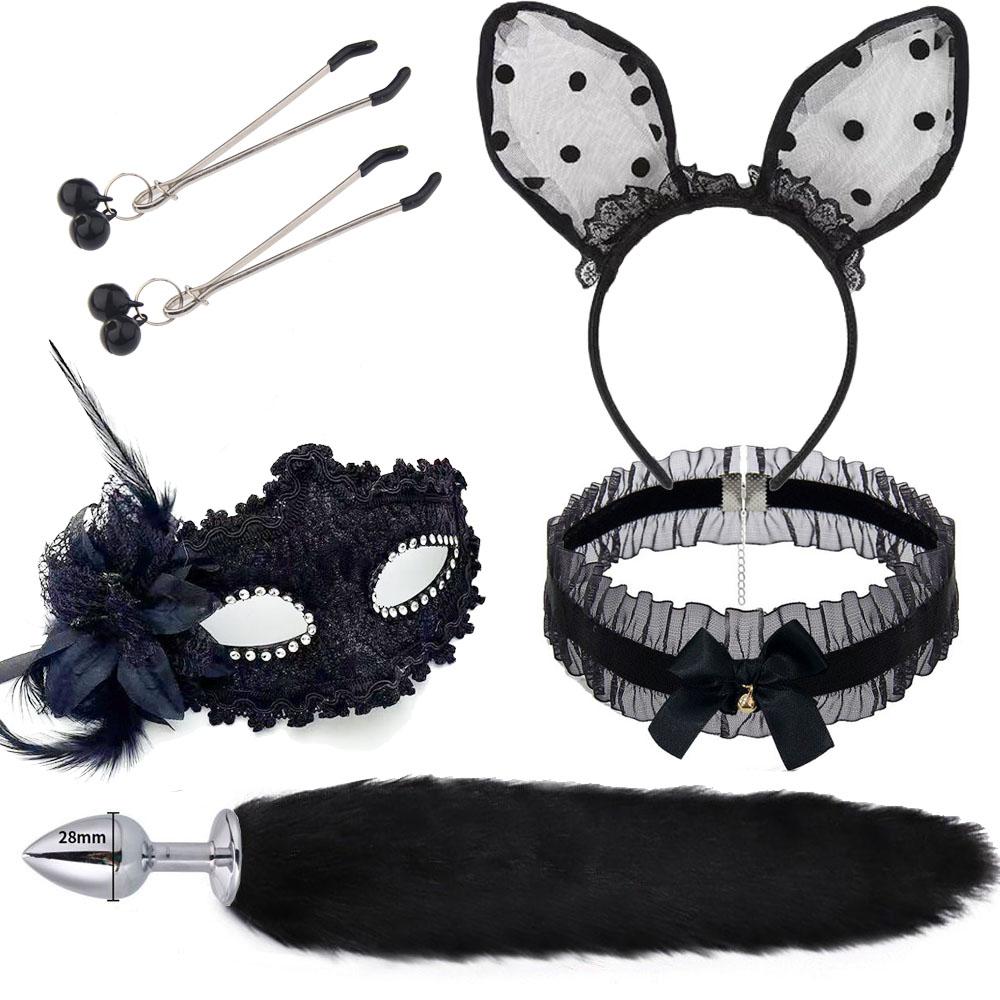 5 Pcs Cat Ears Headband Fox Tail Anal Plug Bdsm Bondage Set Adult Sex Toys For Woman Couples Games