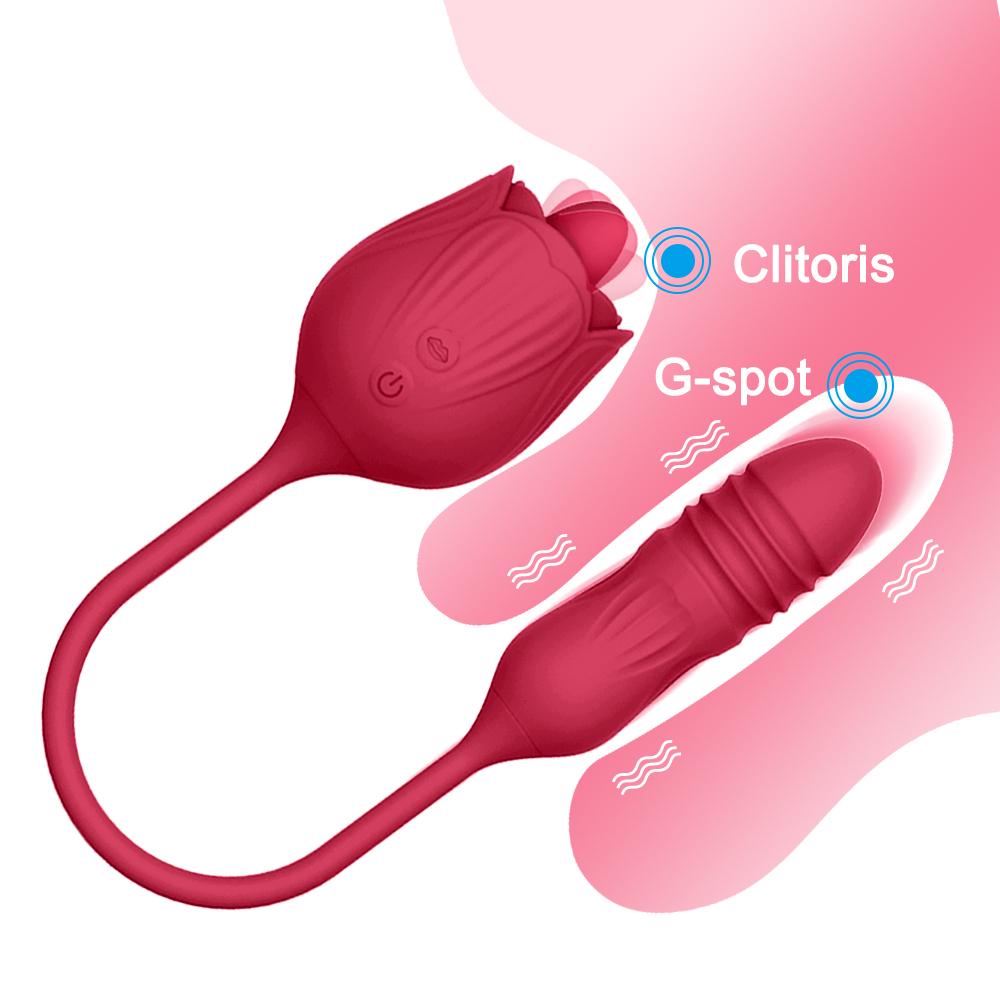  Rose Vibrator 2in1 Vagina Telescopic Tongue Licking Clitoris Vibrator Stimulation Nipple And Clitoris Rose Sex Toys