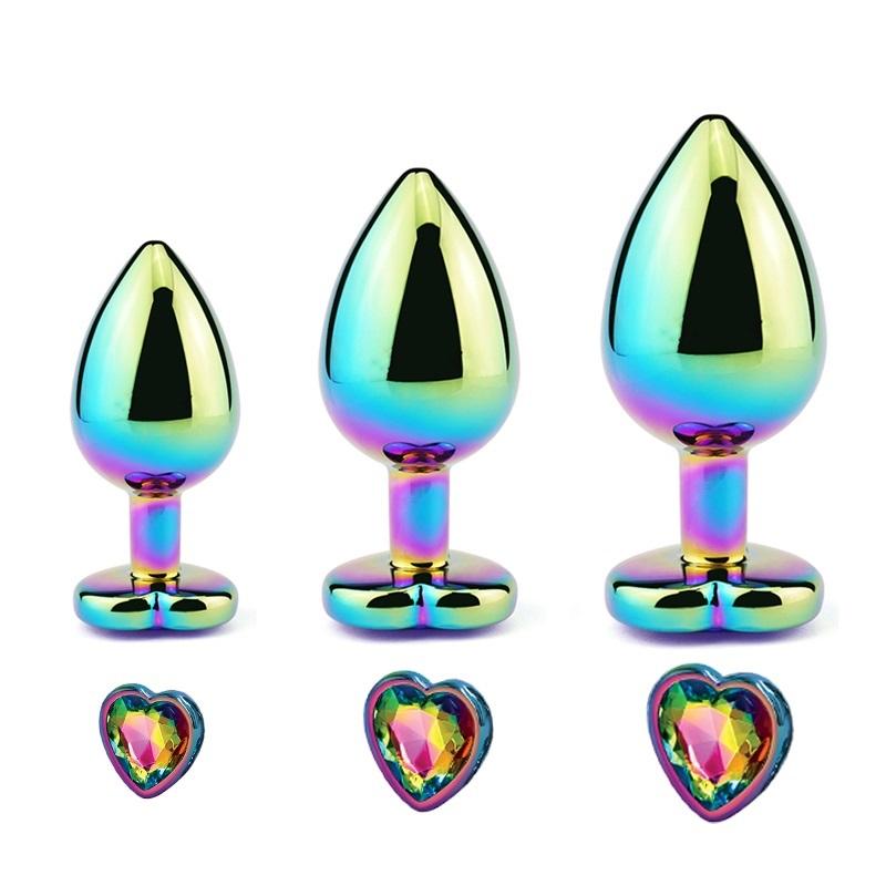 New Hot Selling Luxury Set Metal Anal Plug Heart Shape Crystal Gems Rose Pink Butt Insert Sex Toy Rainbow For Female Male