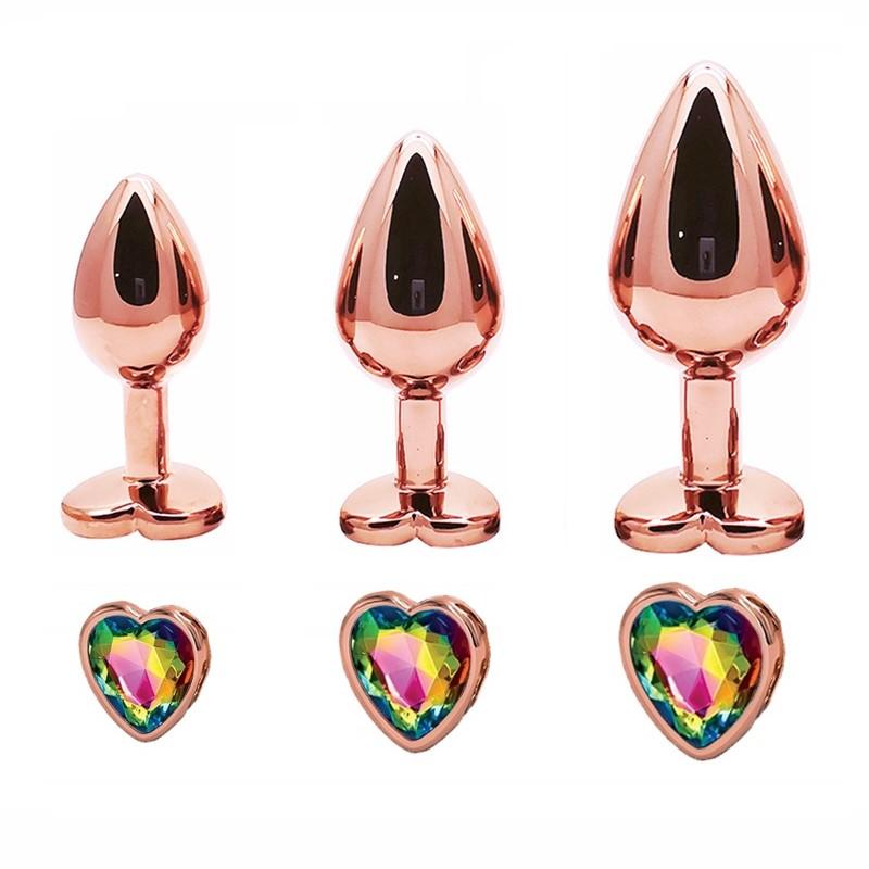 Rose Gold Metal Anal Plug Rainbow Gems Butt Sex Toy Small Medium Large Sets For Couples