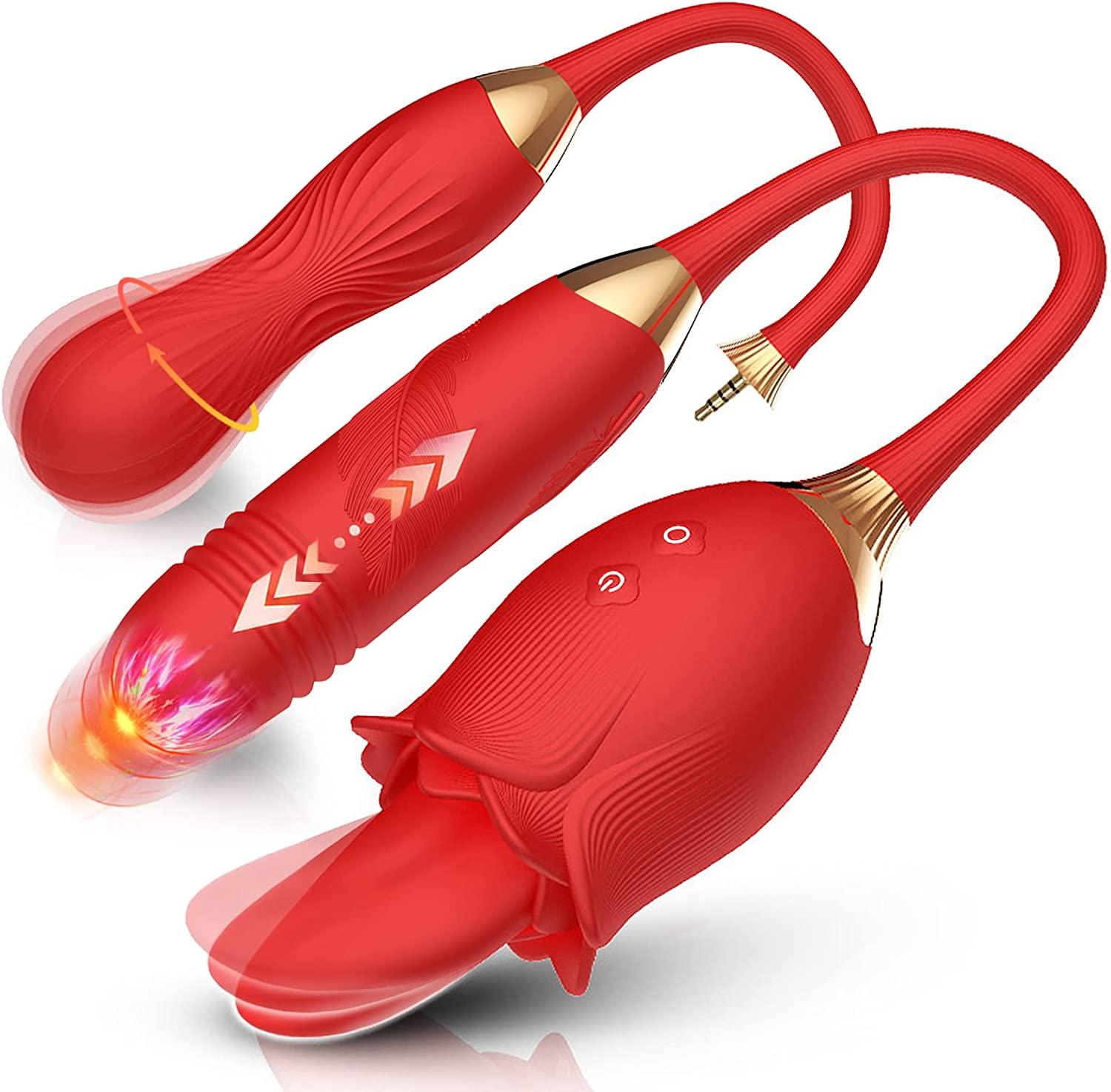  2022 New Rose Vibrator With Tongue &amp; Replaceable Thrusting Dildo &amp; Bullet Vibrator 3 In 1 Rose Toy Stimulator For Women