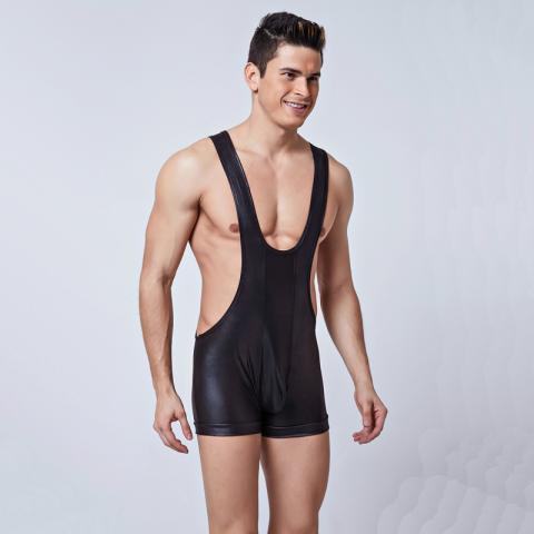 Men's Faux Leather Wrestling Suit Jumpsuit